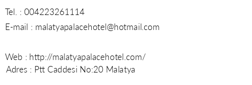Malatya Palace Hotel telefon numaralar, faks, e-mail, posta adresi ve iletiim bilgileri